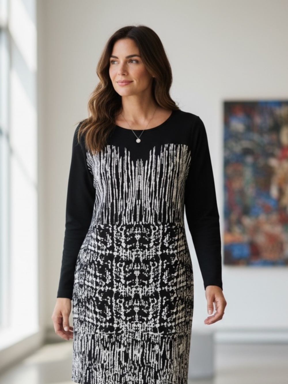 NWOT Neiman Marcus • Black White Abstract Knit Sweater Dress  • Size L